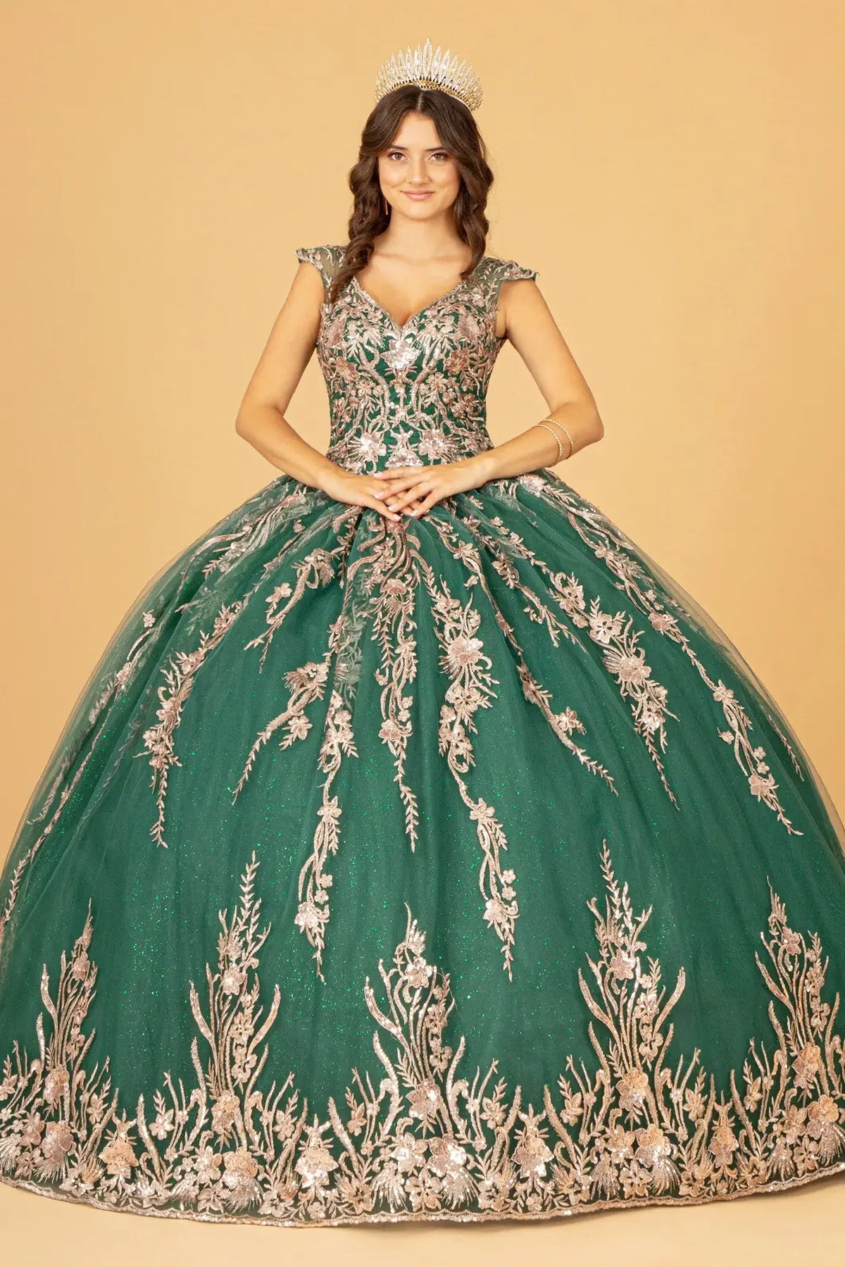Lace-up back reveals the Green quinceañera ball gown with lace-up back and airy mesh cape.