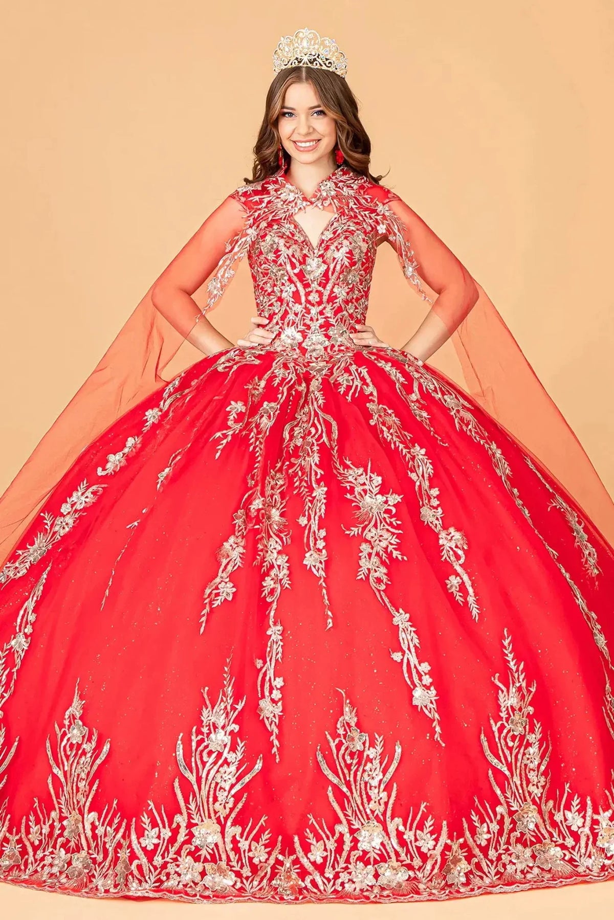 Lace-up back reveals the Red quinceañera ball gown with lace-up back and airy mesh cape.