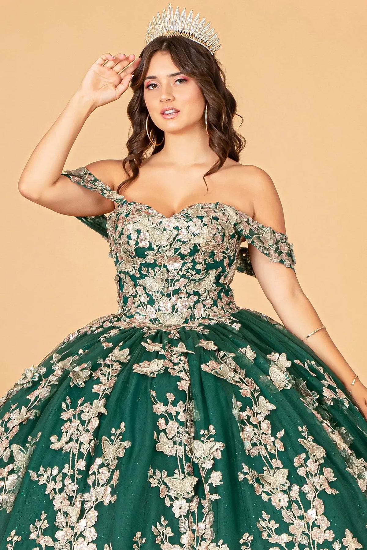 Full-length view presents the Green quinceañera ball gown with 3d butterfly appliqués.