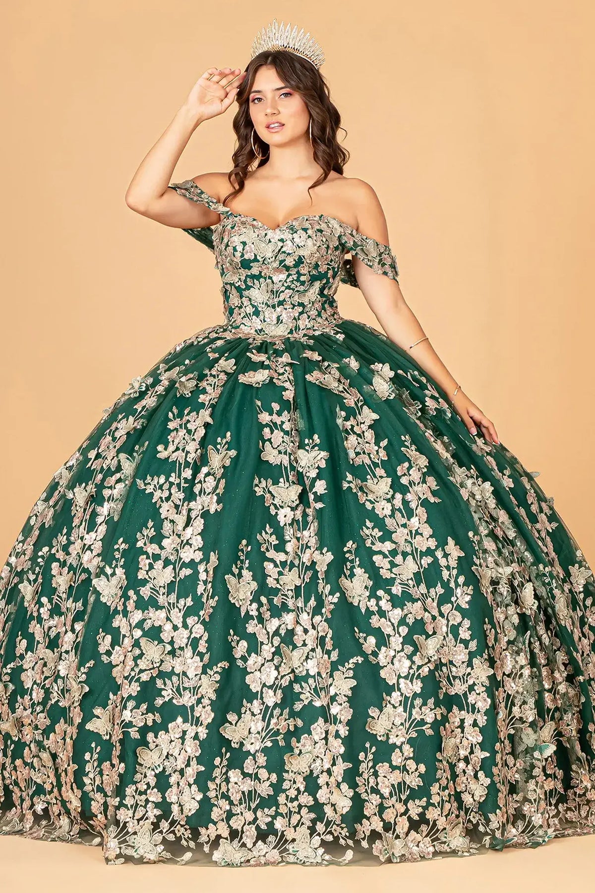 Lace-up back reveals the Green quinceañera ball gown with lace-up back and gold metallic embroidery.