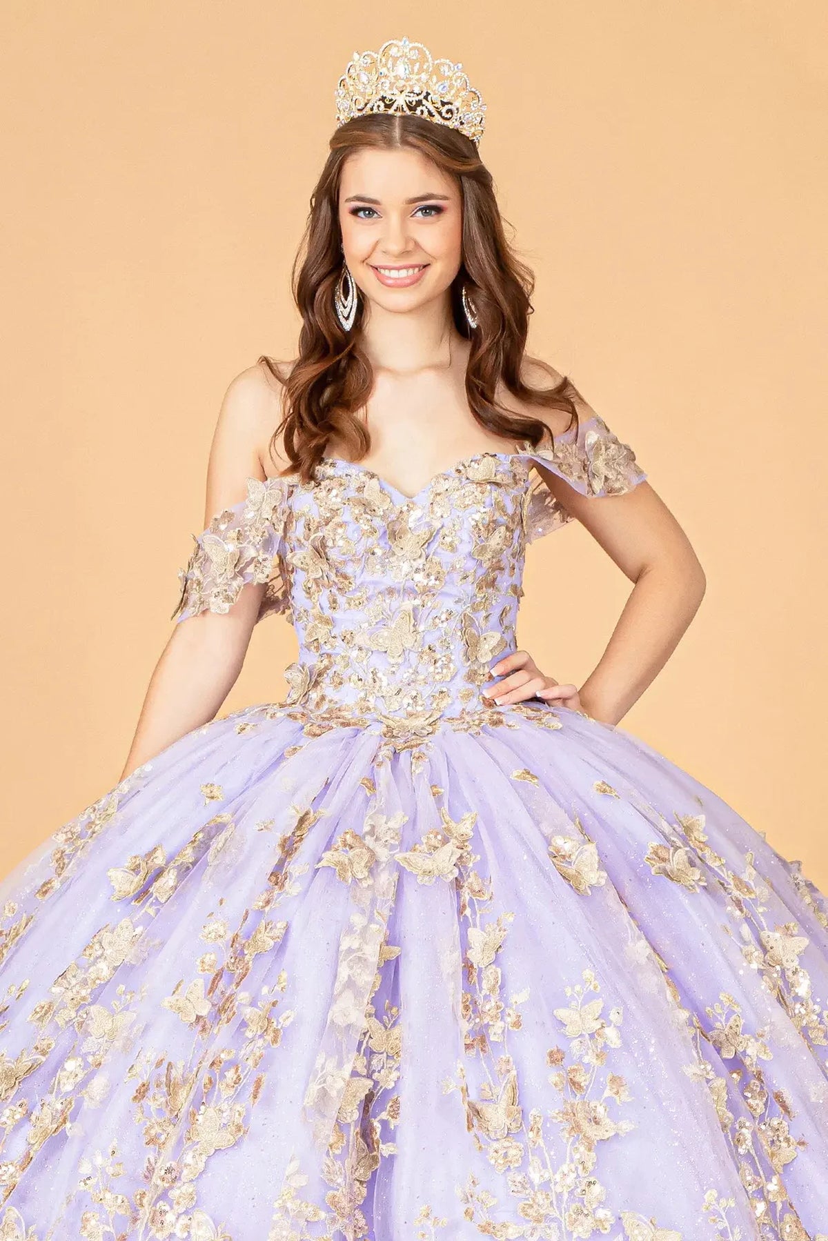 Full-length view presents the Lilac quinceañera ball gown with 3d butterfly appliqués.