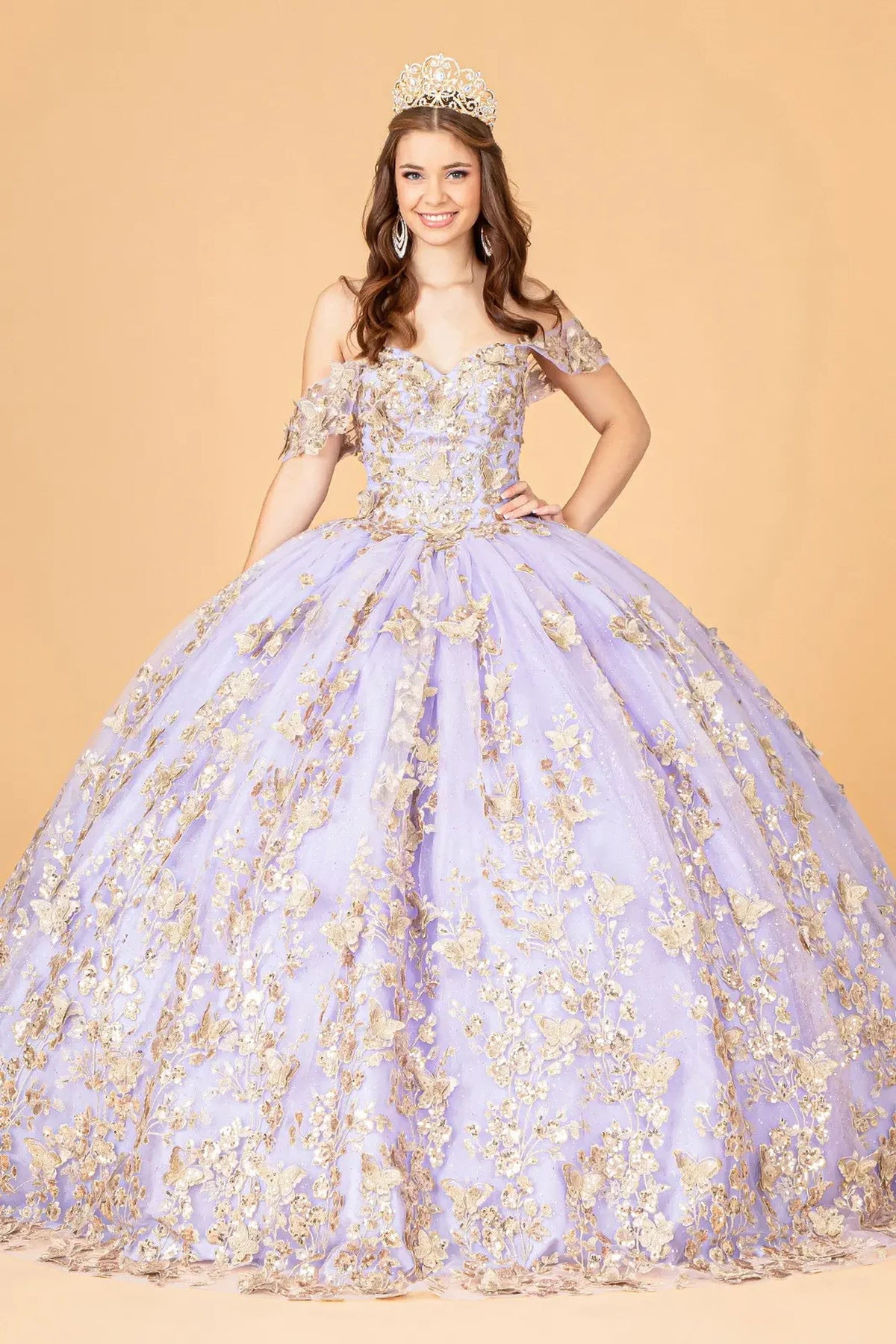 Lace-up back reveals the Lilac quinceañera ball gown with lace-up back and gold metallic embroidery.