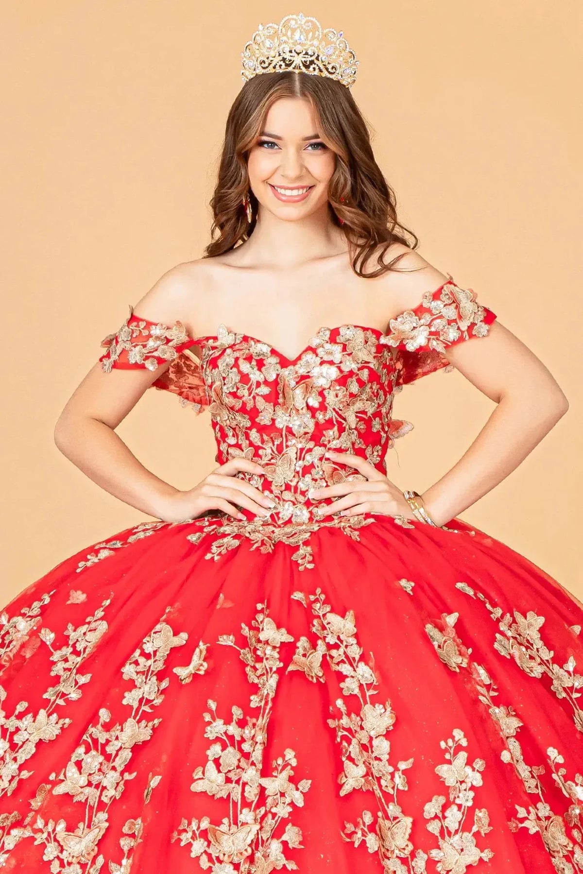 Full-length view presents the Red quinceañera ball gown with 3d butterfly appliqués.