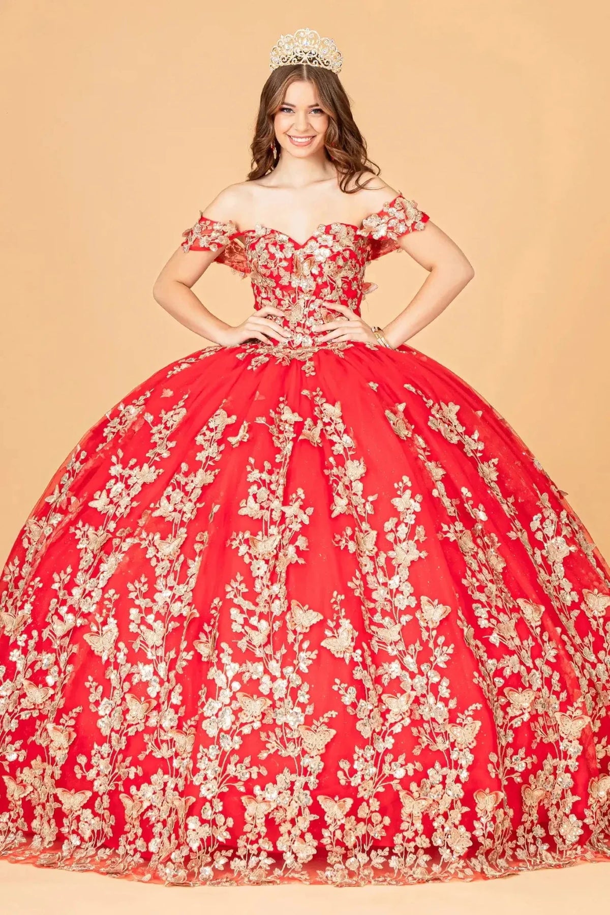 Lace-up back reveals the Red quinceañera ball gown with lace-up back and gold metallic embroidery.