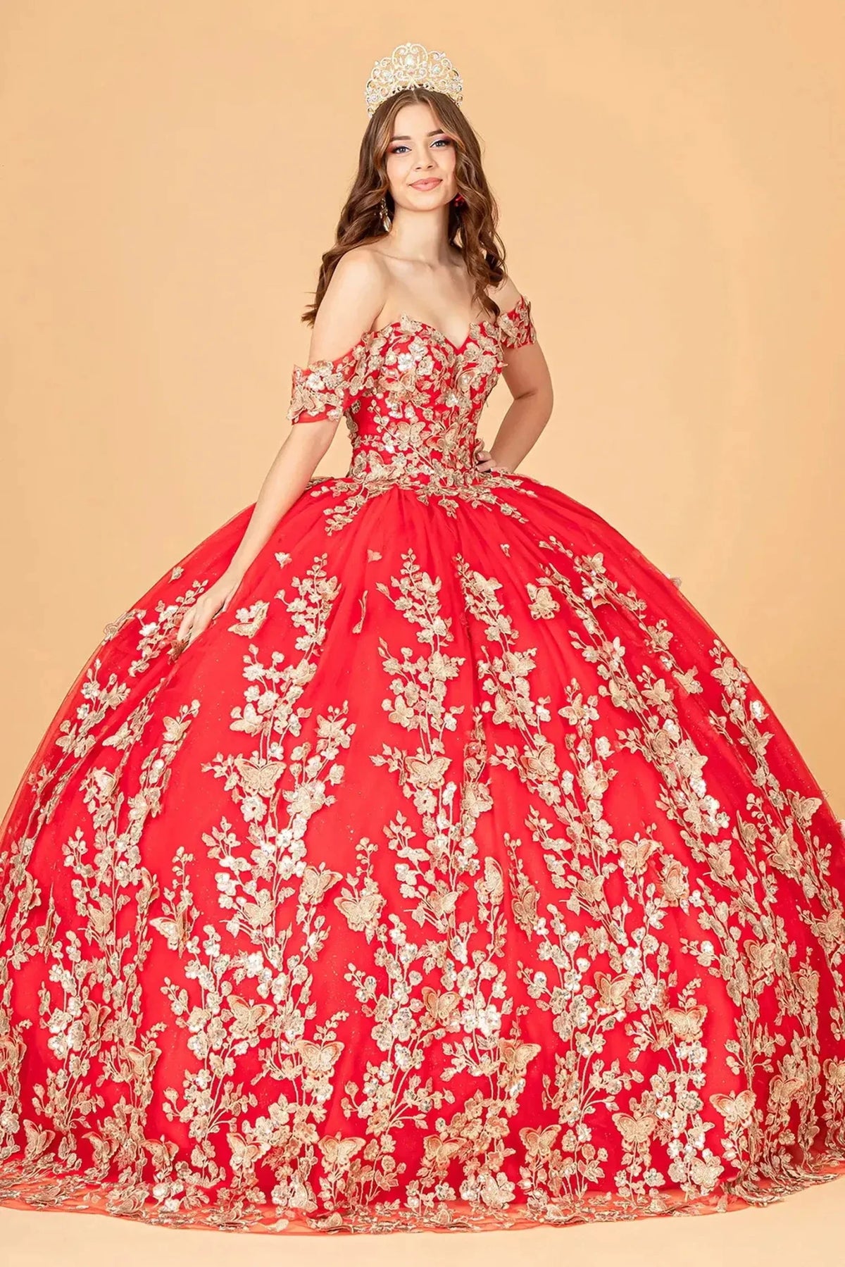 Embroidered details frame the Red quinceañera ball gown with 3d butterfly appliqués.