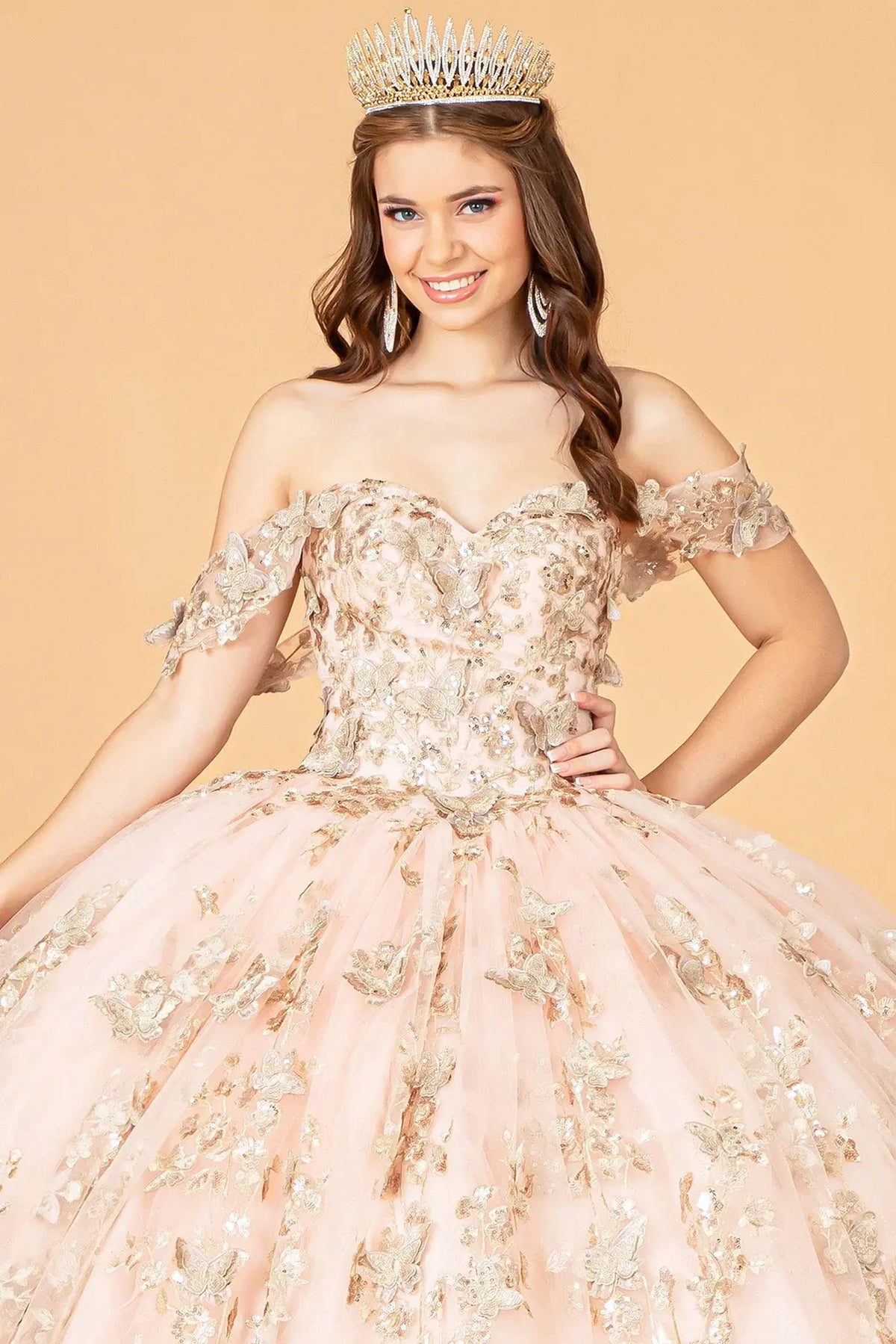 Full-length view presents the Rose Gold quinceañera ball gown with 3d butterfly appliqués.