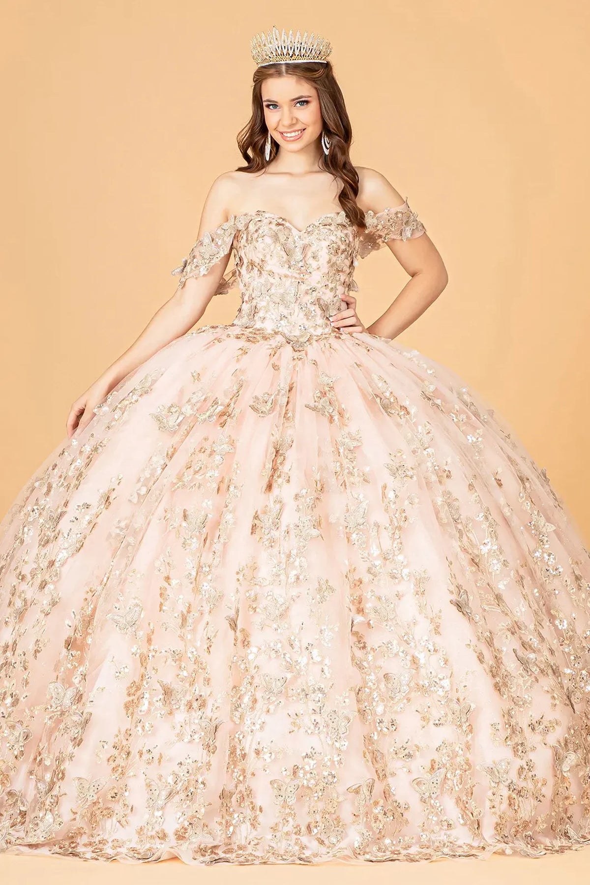 Lace-up back reveals the Rose Gold quinceañera ball gown with lace-up back and gold metallic embroidery.