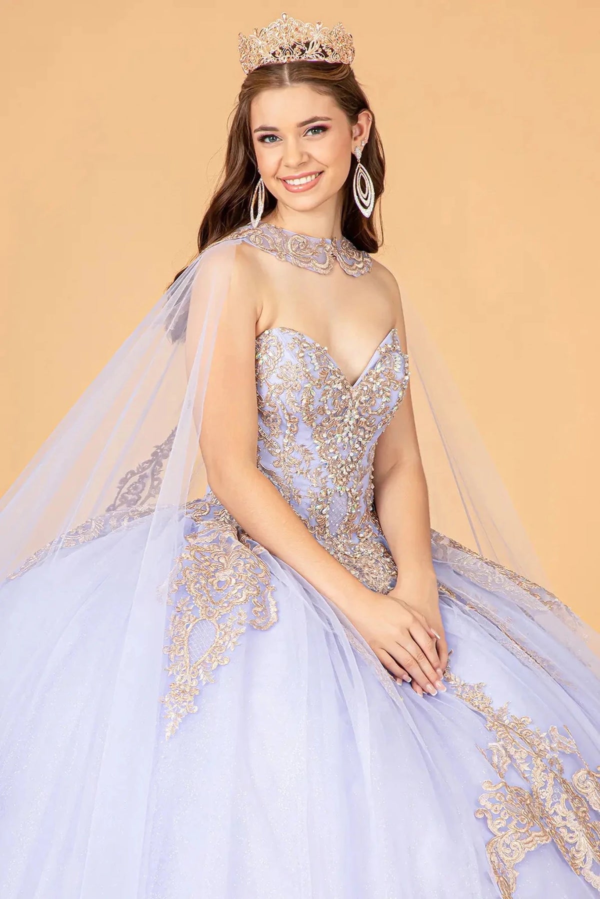 Full-length view presents the Lilac quinceañera ball gown with long embroidered cape.