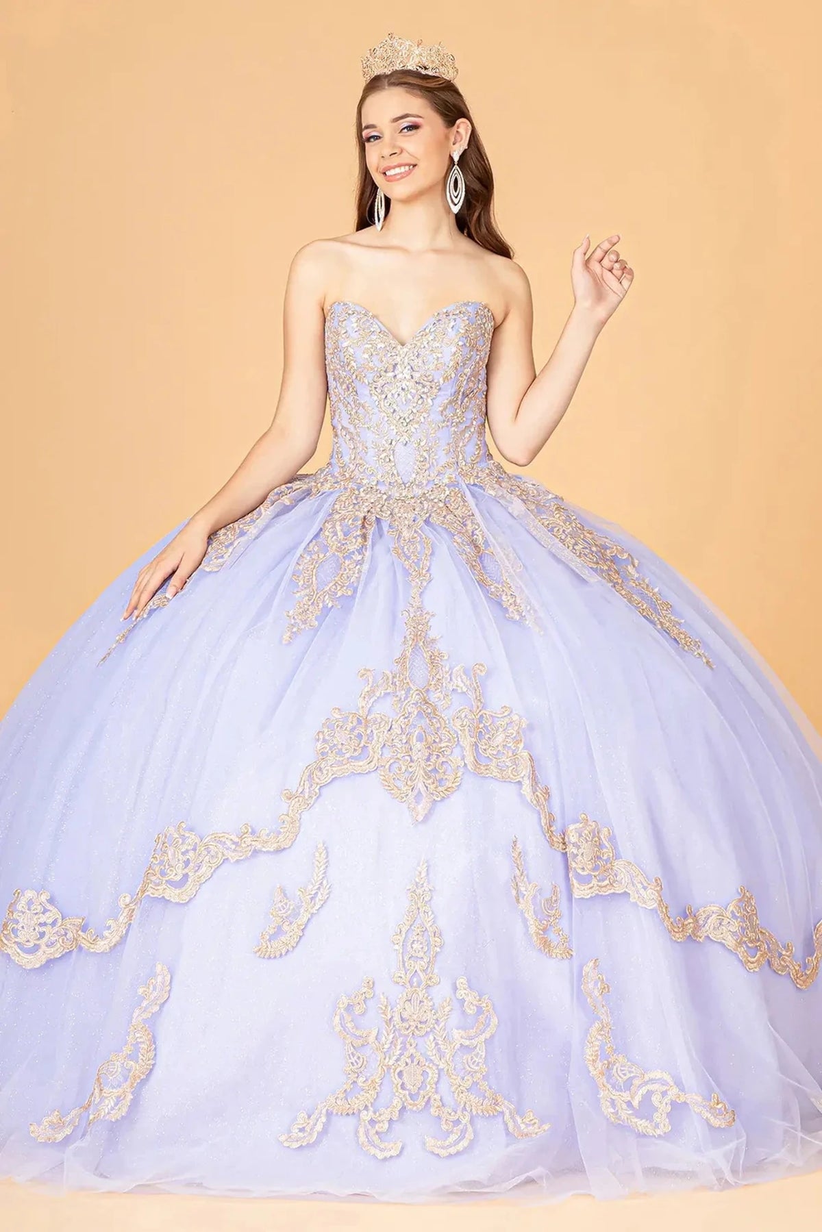 Embroidered details frame the Lilac quinceañera ball gown with long embroidered cape.