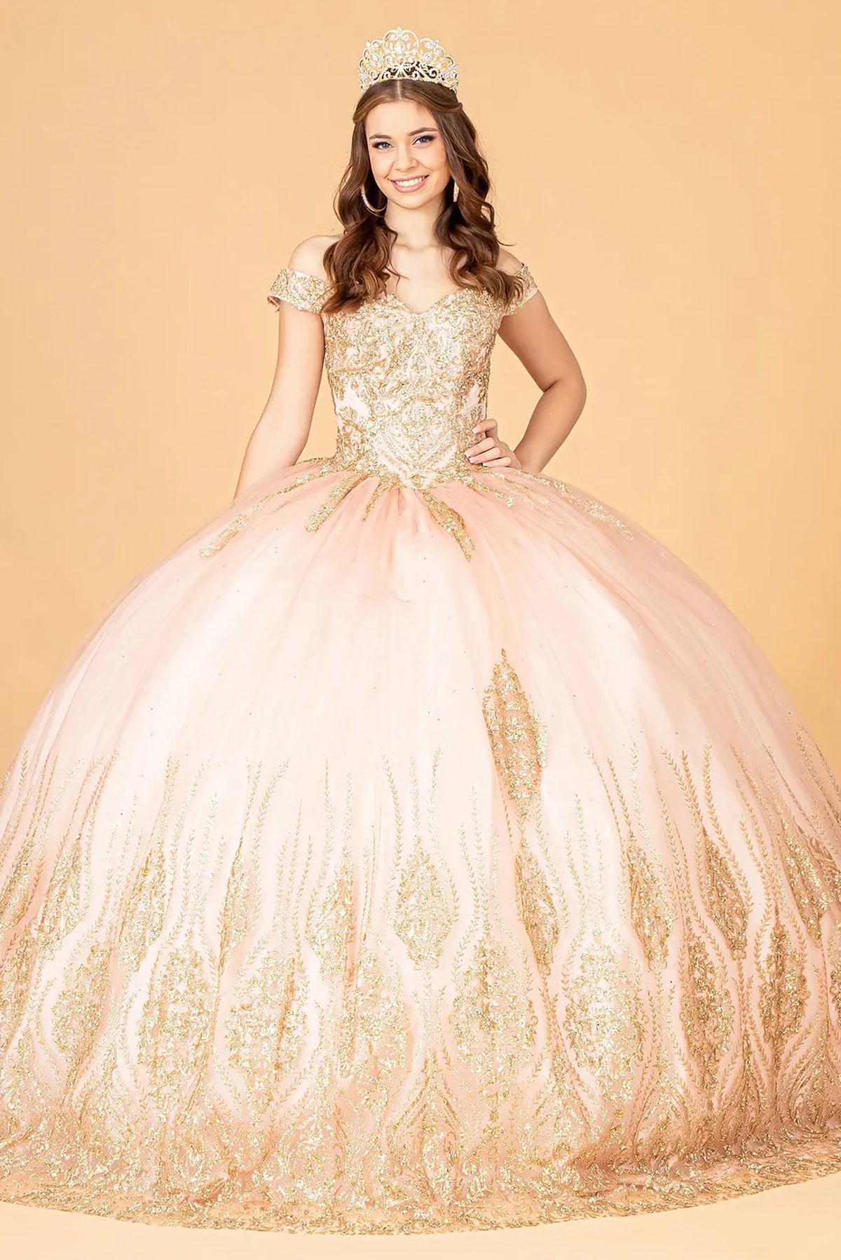 Lace-up back reveals the Rose Gold quinceañera ball gown with lace-up back and glitter sequin mesh.