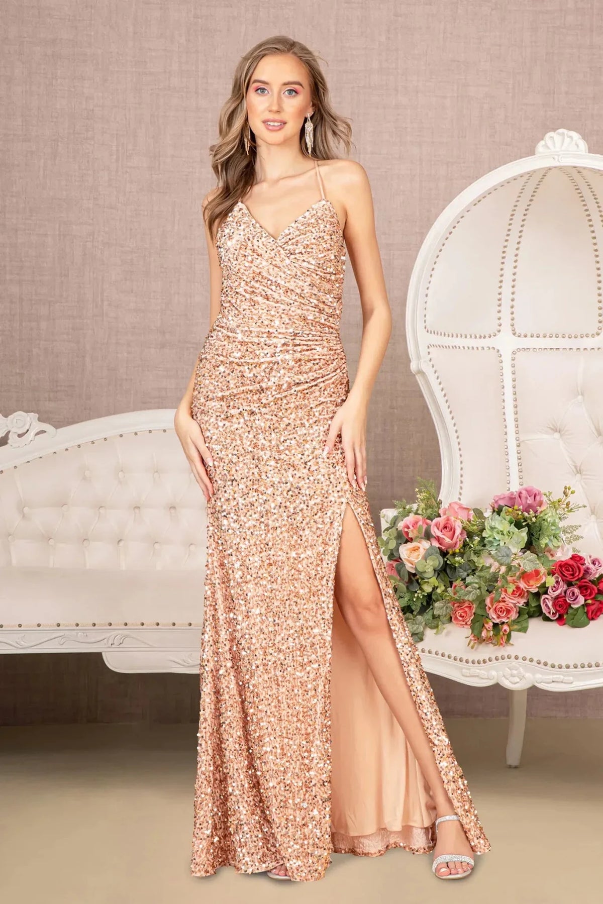 Gold sequin halter prom evening dress full front