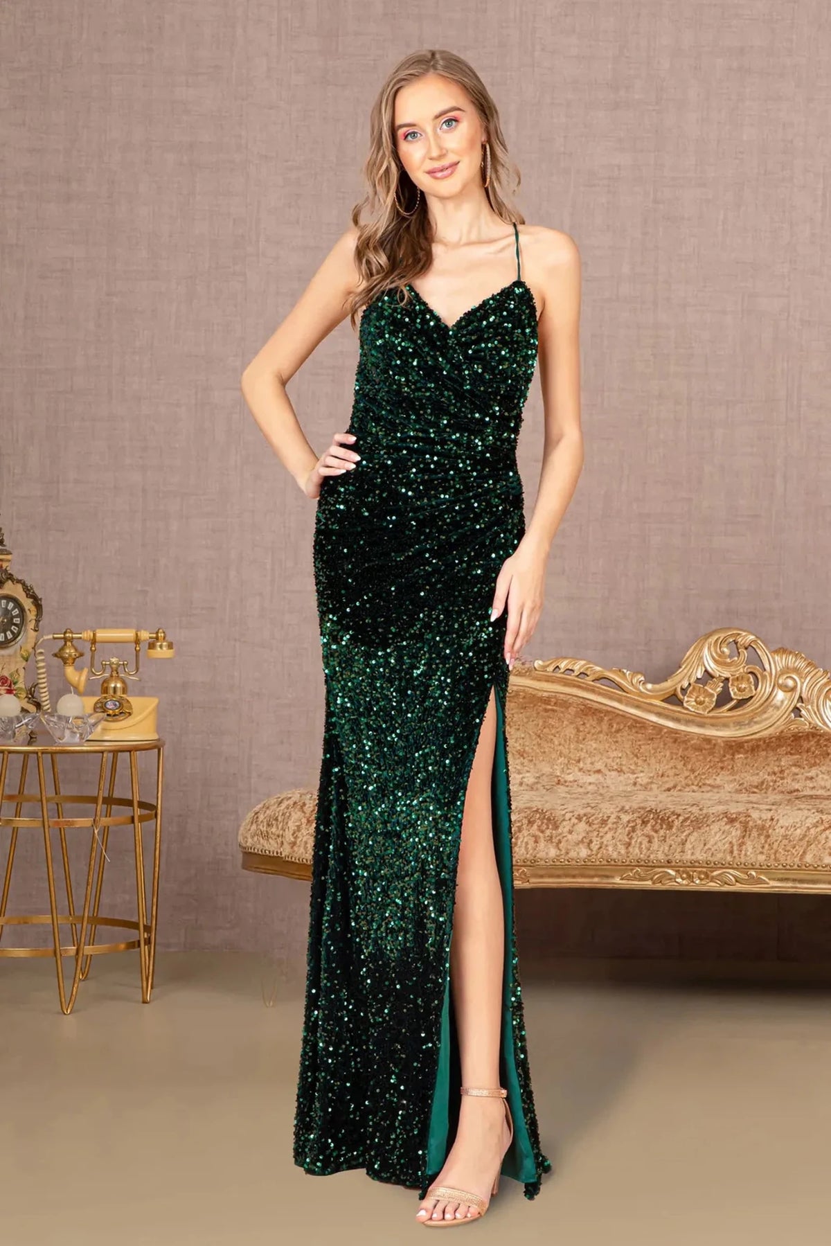 Green sequin halter prom evening dress full front