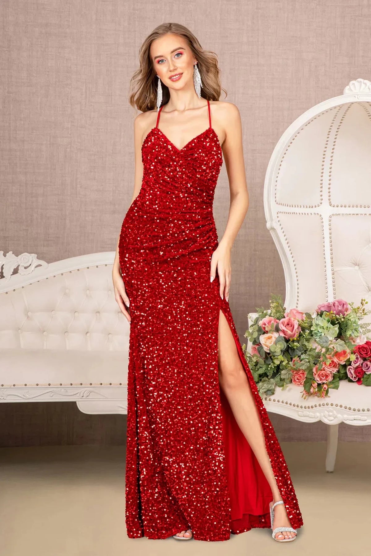 Red sequin halter prom evening dress full front