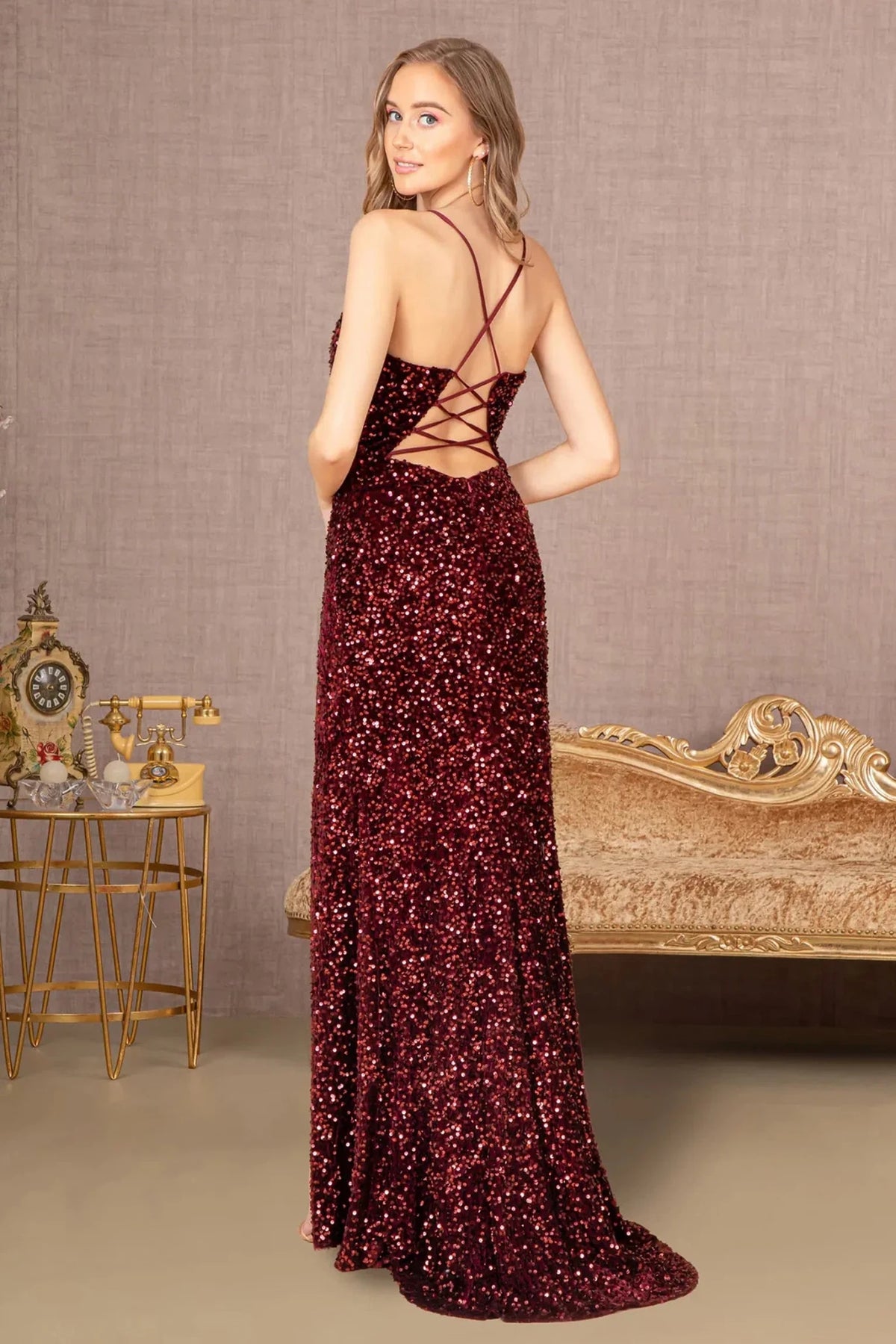 Burgundy prom evening dress full back with lace-up back