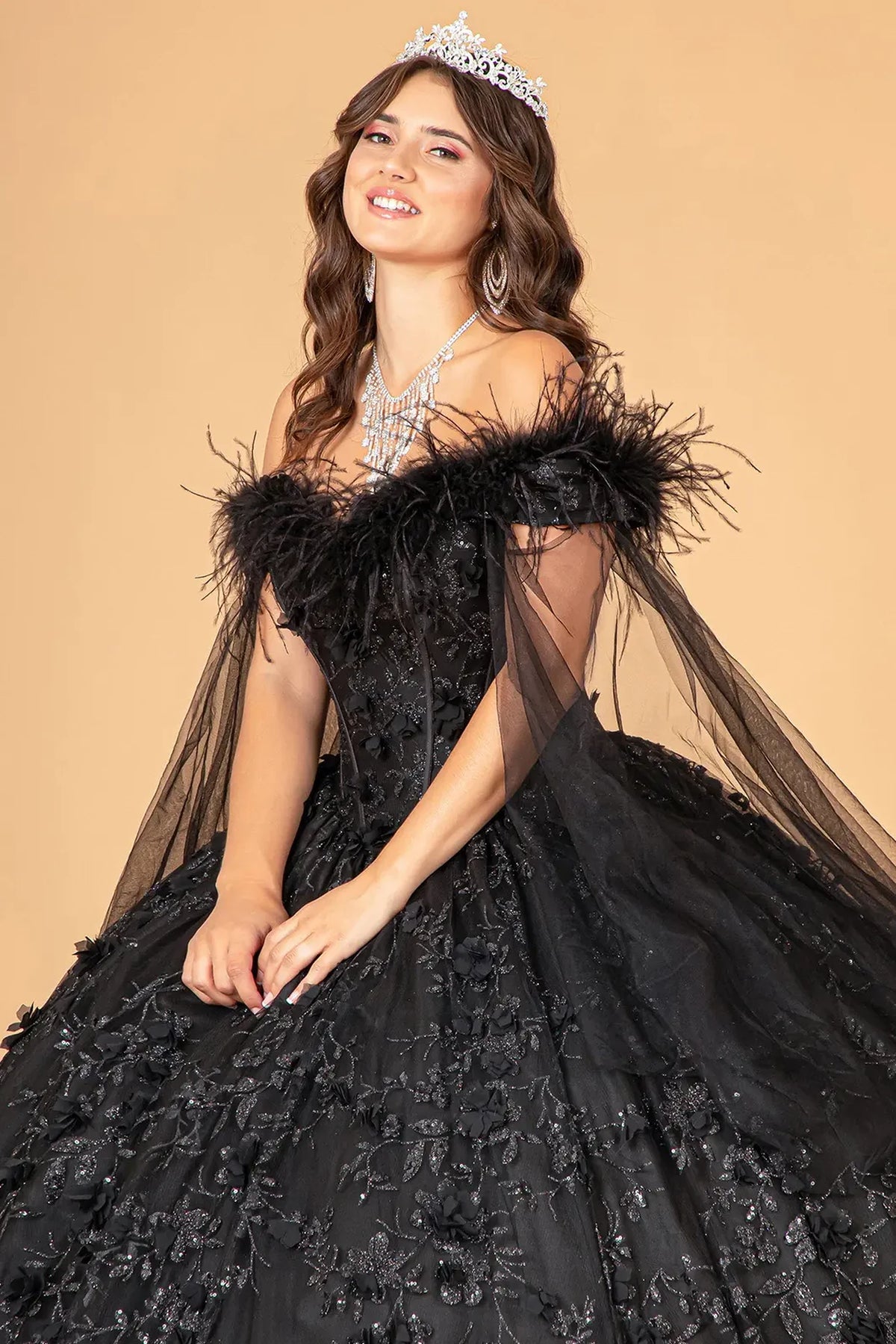 Full-length view presents the Black quinceañera ball gown with detachable feather trim.