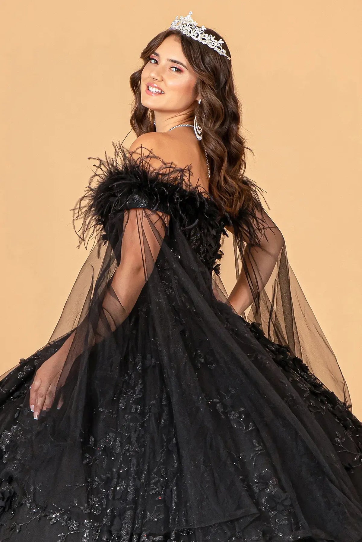 Embroidered details frame the Black quinceañera ball gown with detachable feather trim.