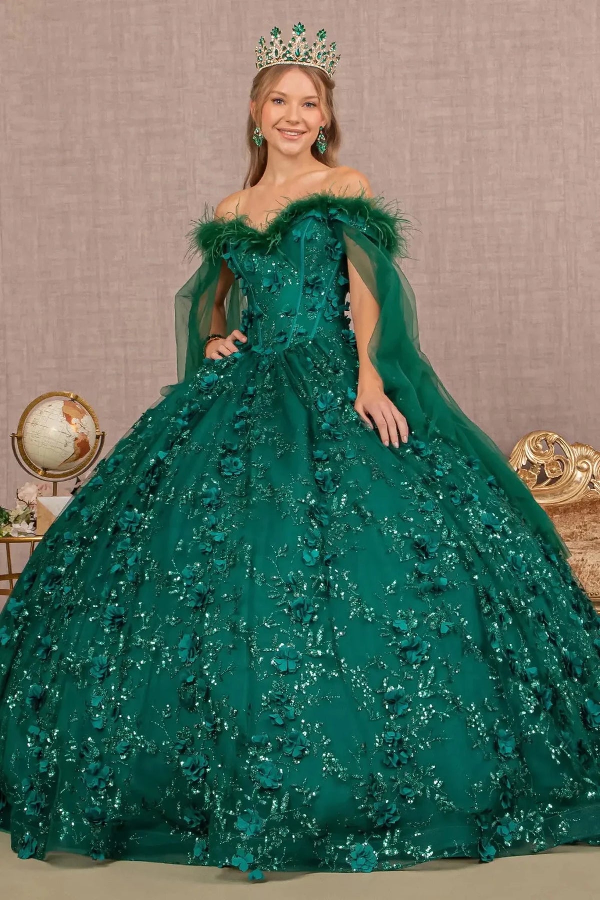 Lace-up back reveals the Green quinceañera ball gown with lace-up back and shoulder mesh drapes.