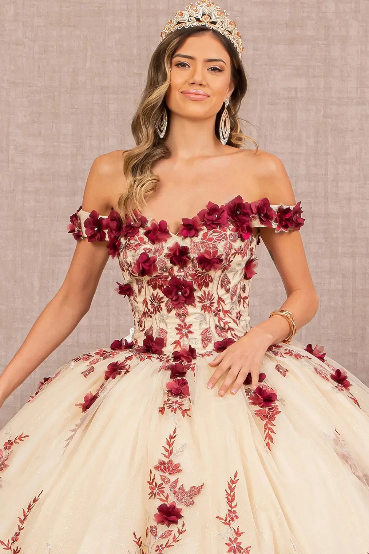 Full-length view presents the Burgundy/Nude quinceañera ball gown with 3d floral embroidery.