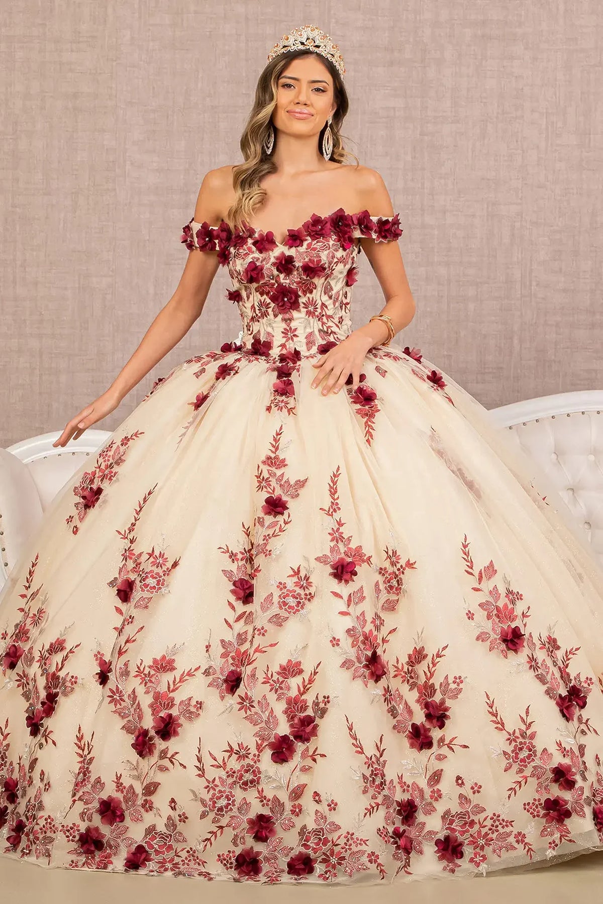 Lace-up back reveals the Burgundy/Nude quinceañera ball gown with lace-up back and jeweled mesh skirt.