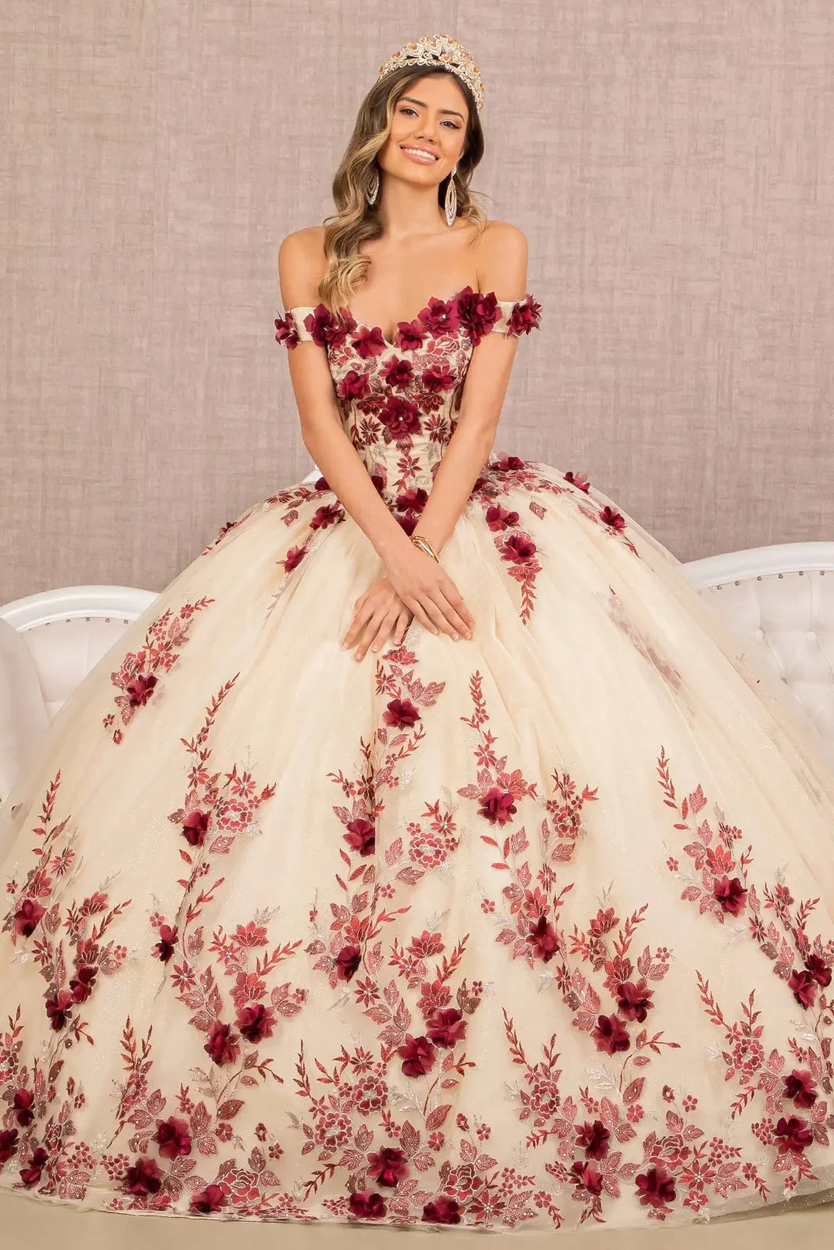 Embroidered details frame the Burgundy/Nude quinceañera ball gown with 3d floral embroidery.