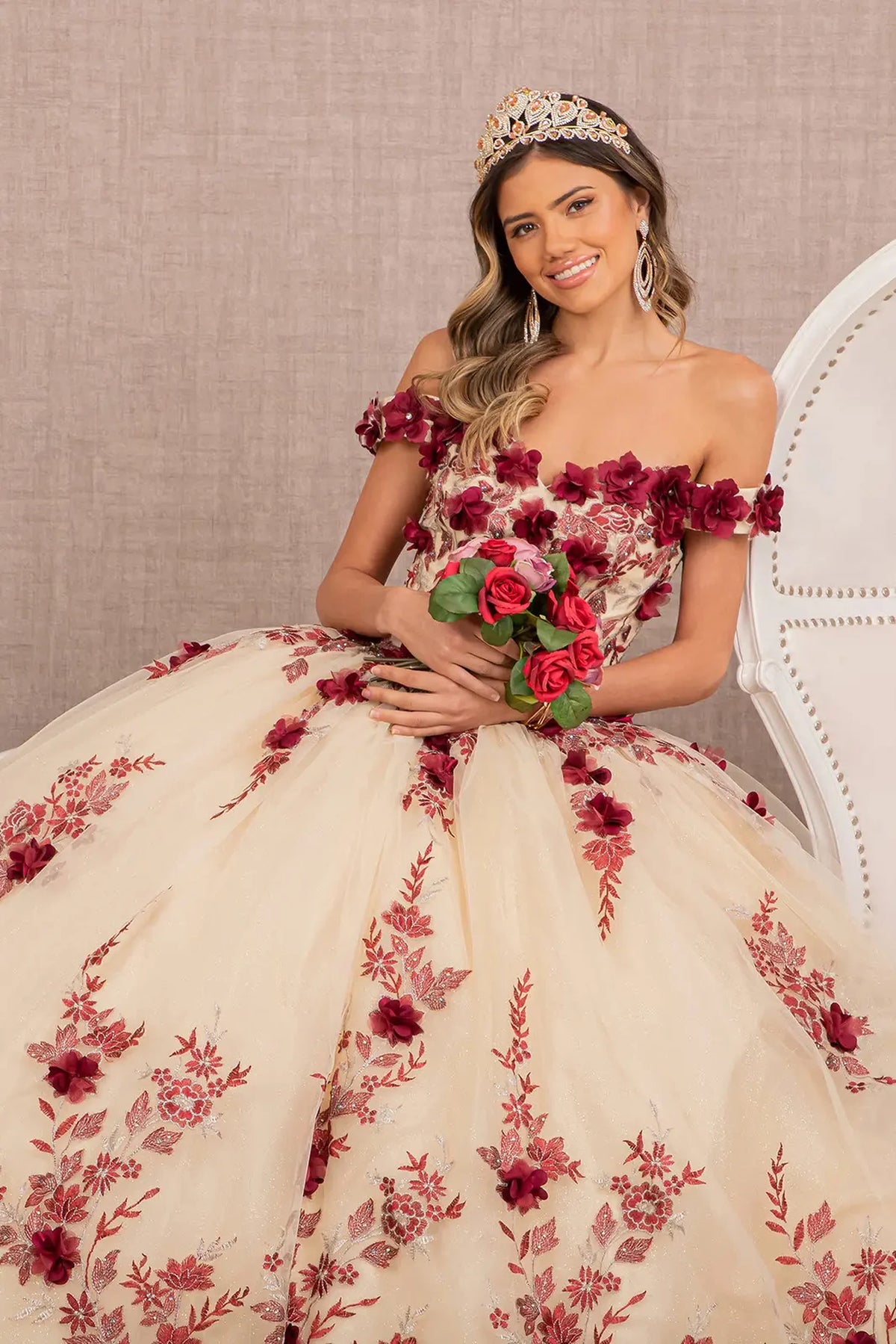 Detachable accents complete the Burgundy/Nude quinceañera ball gown with 3d floral embroidery.
