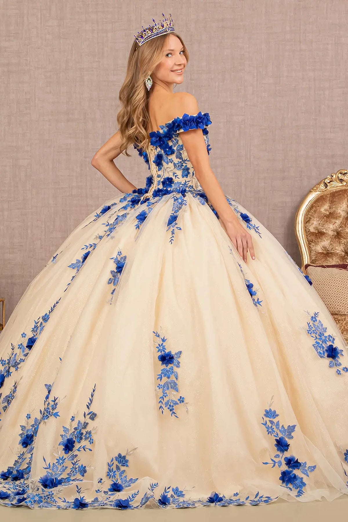Bodice close-up highlights the Royal Blue/Nude quinceañera ball gown with jeweled mesh skirt.