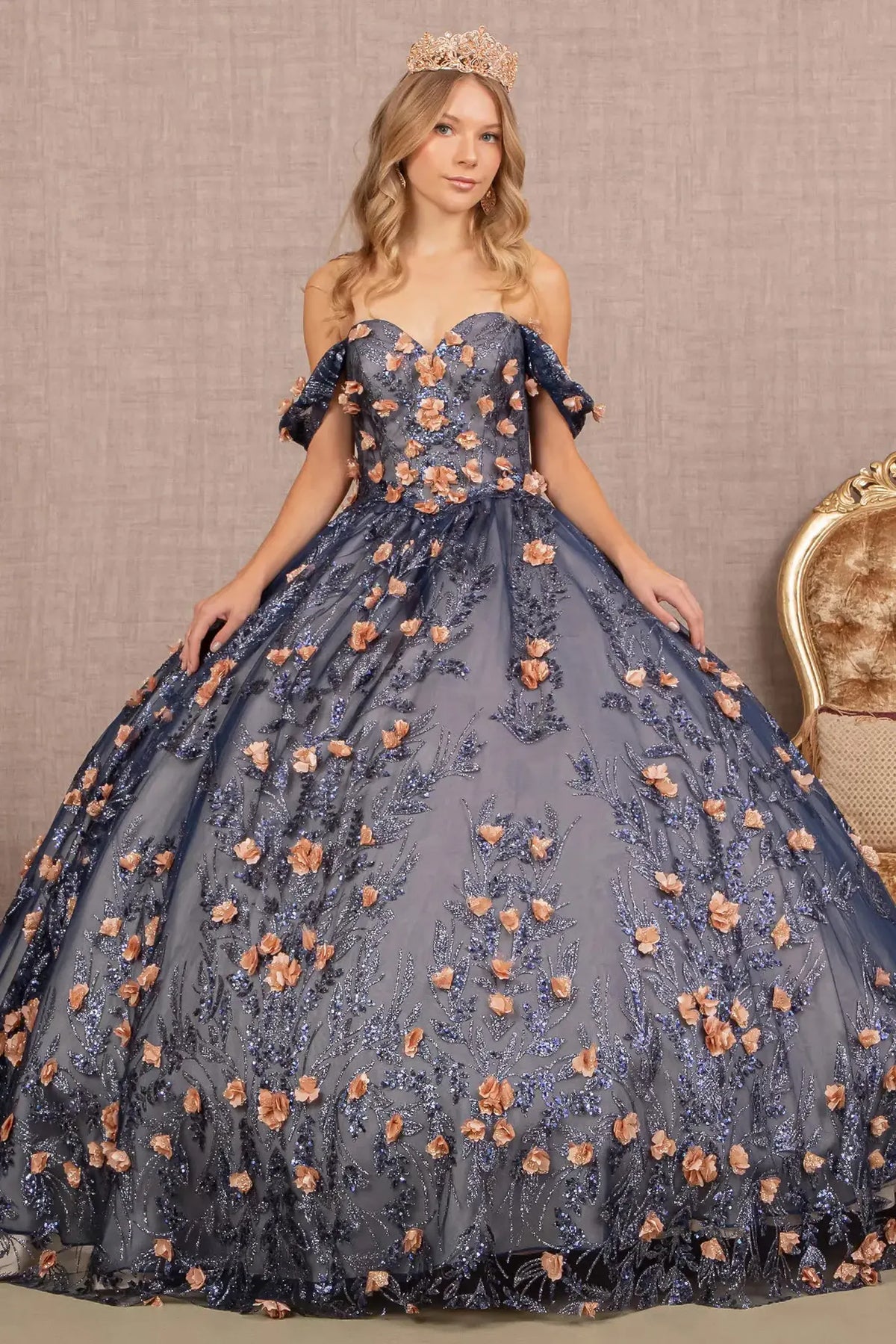 Lace-up back reveals the Navy quinceañera ball gown with lace-up back and glitter mesh skirt.