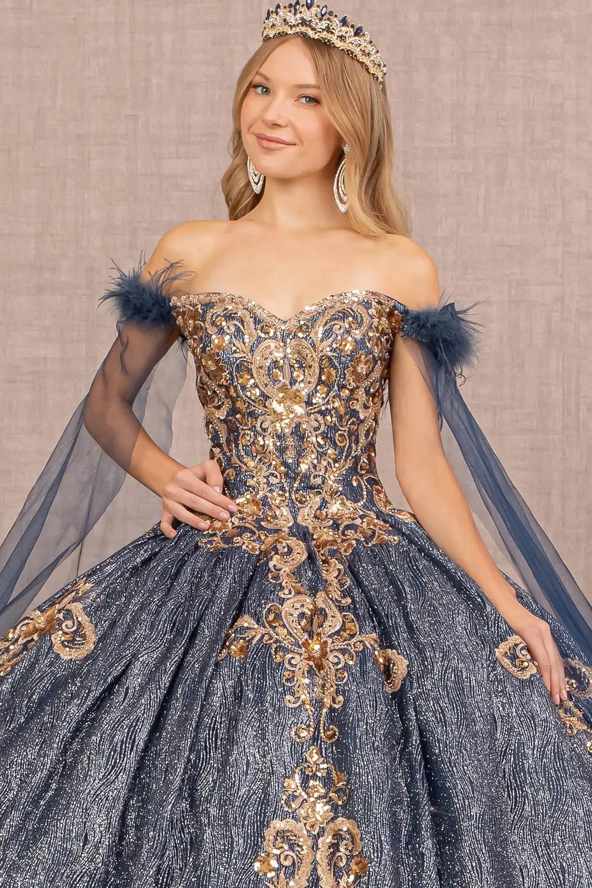 Full-length view presents the Navy quinceañera ball gown with feather sequin detail.