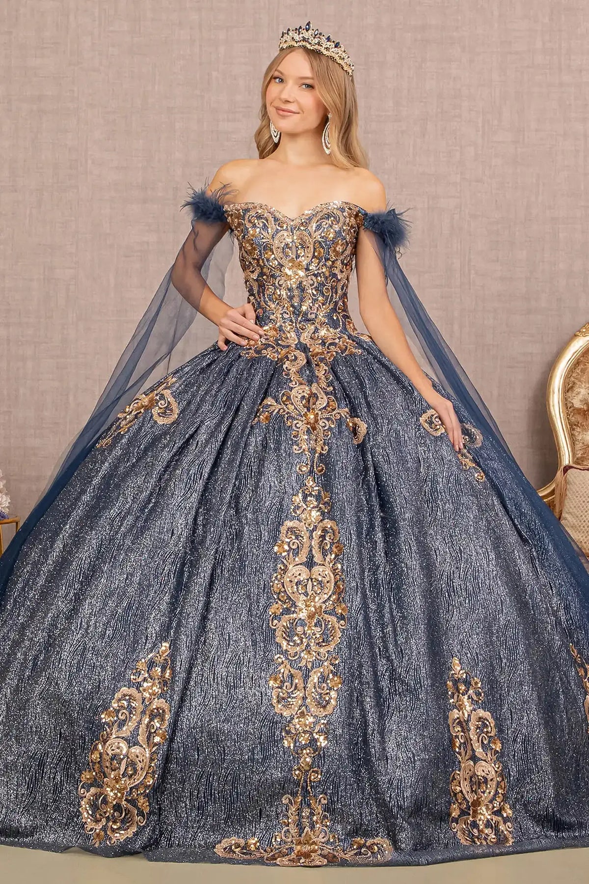 Lace-up back reveals the Navy quinceañera ball gown with lace-up back and detachable mesh drape.