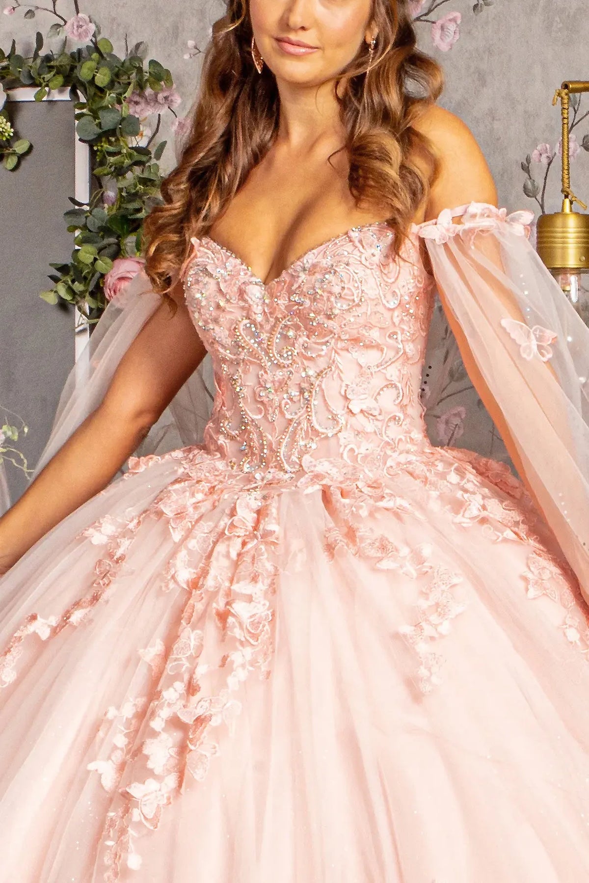 Full-length view presents the Blush quinceañera ball gown with 3d butterfly appliqués.