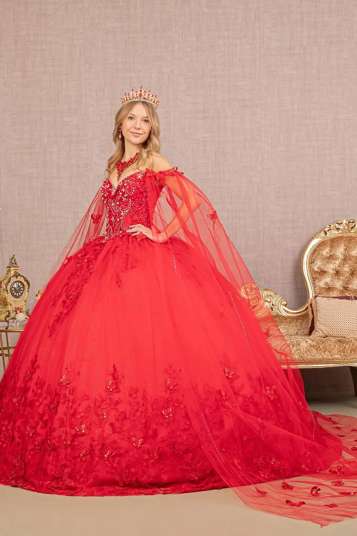 Embroidered details frame the Red quinceañera ball gown with 3d butterfly appliqués.
