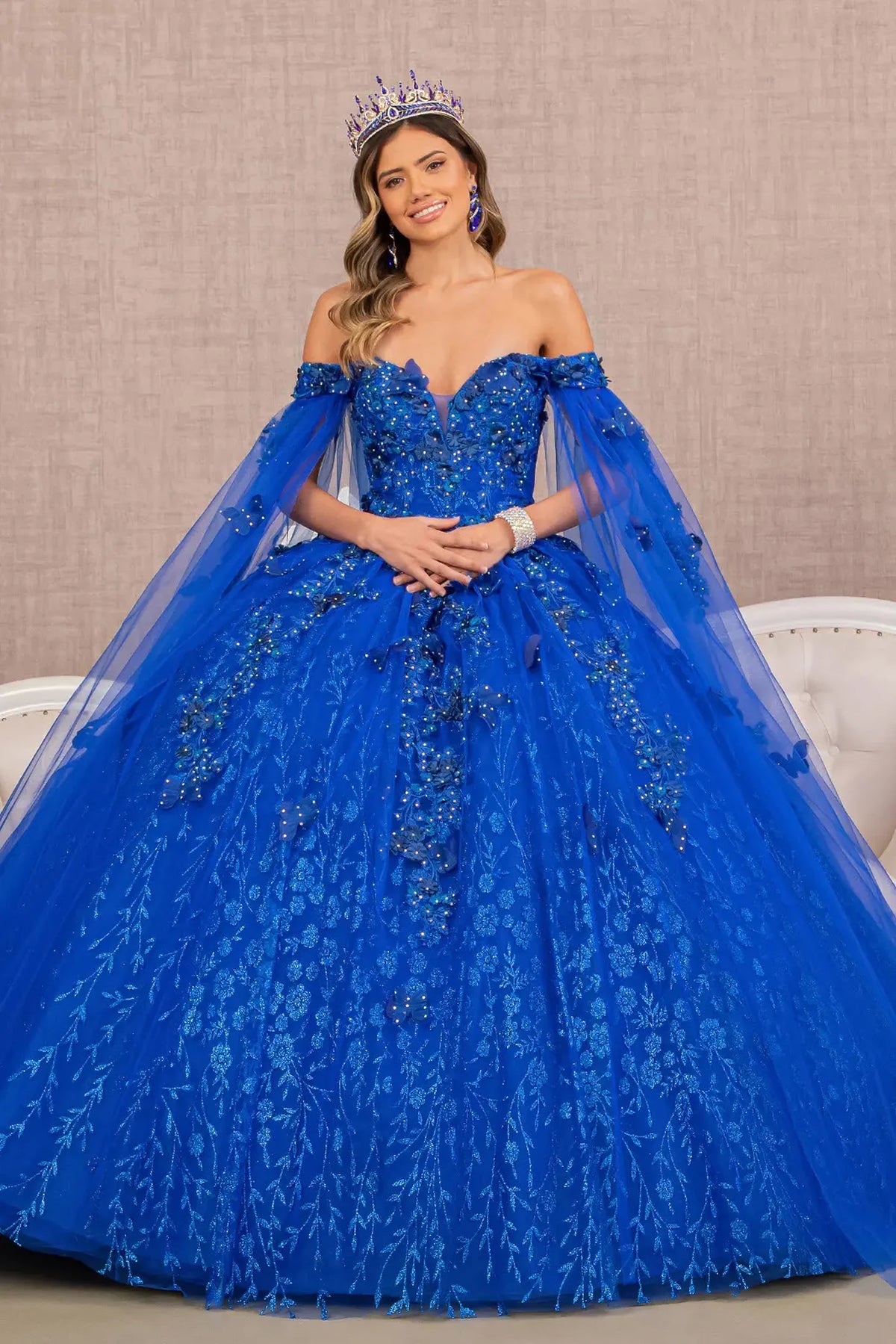 Lace-up back reveals the Royal Blue quinceañera ball gown with lace-up back and glitter embroidery.