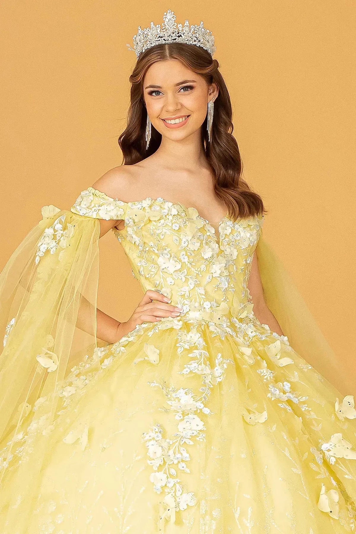 Full-length view presents the Yellow quinceañera ball gown with long mesh drapes.