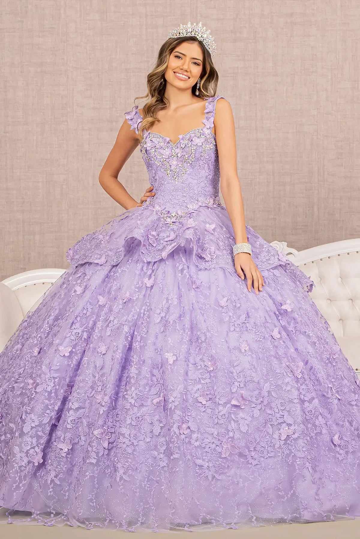 Lace-up back reveals the Lilac quinceañera ball gown with lace-up back and jeweled mesh skirt.