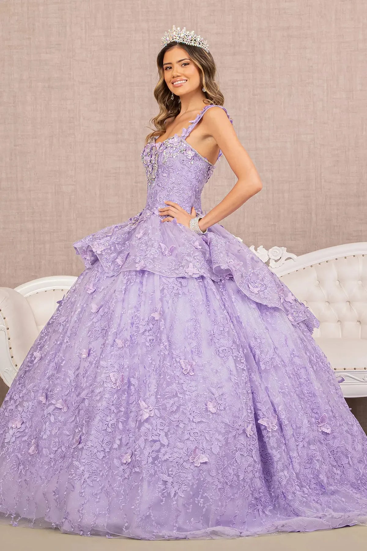 Bodice close-up highlights the Lilac quinceañera ball gown with jeweled mesh skirt.