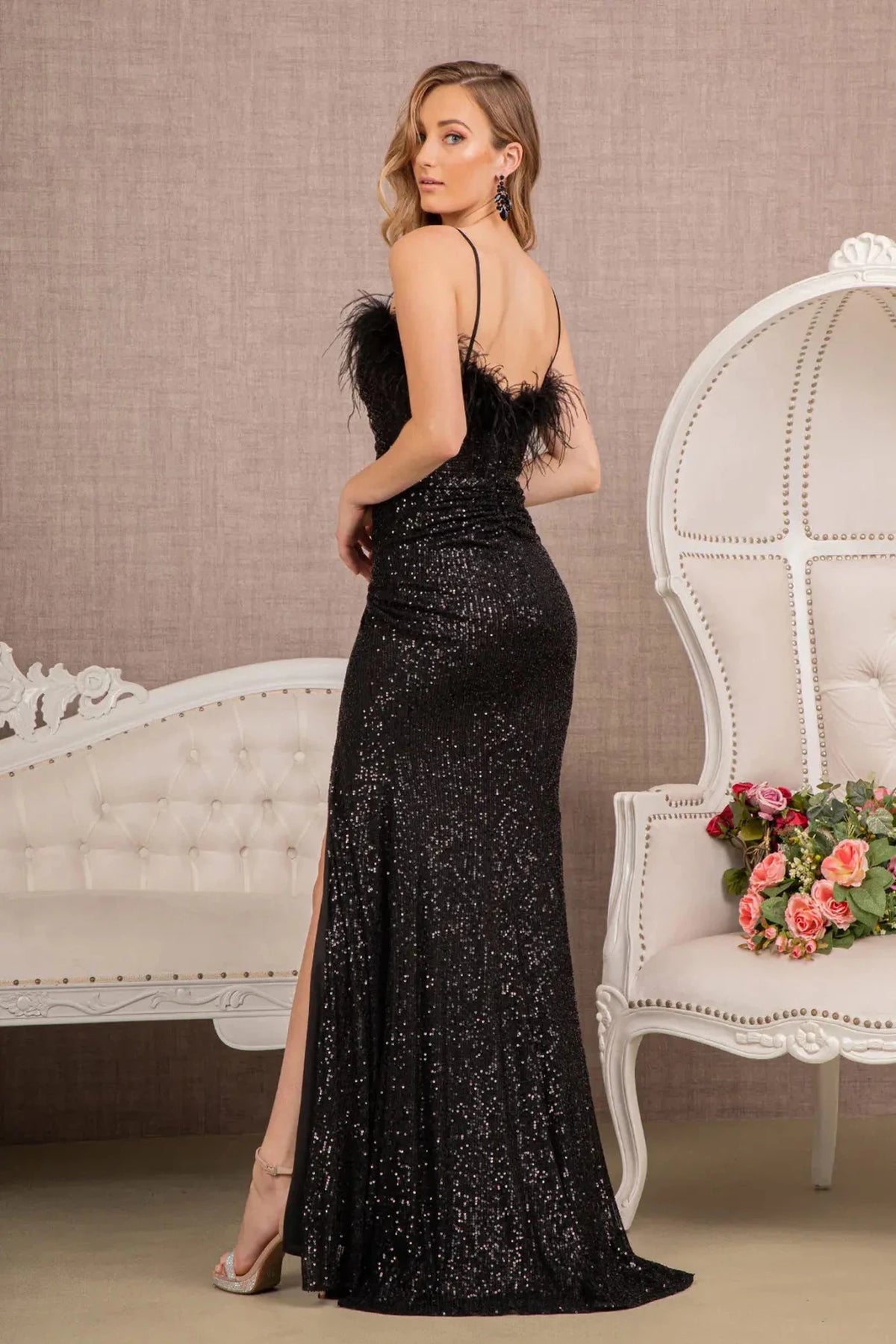 Black prom evening dress full back with open back