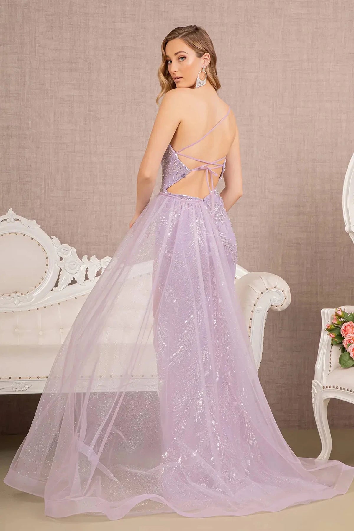 Lilac prom evening dress full back with lace-up back