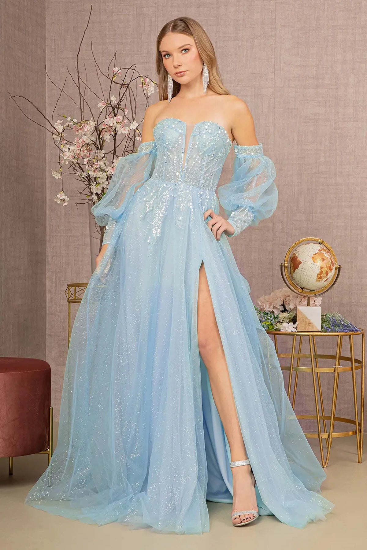 Baby Blue mother of the bride dress with voluminous sheer puff sleeves