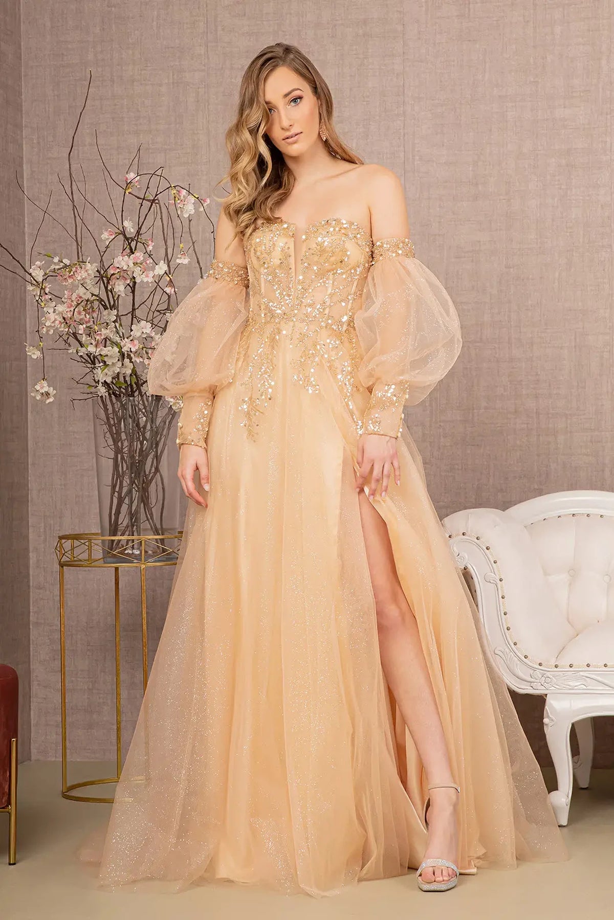 Light Gold mother of the bride dress with a high side slit