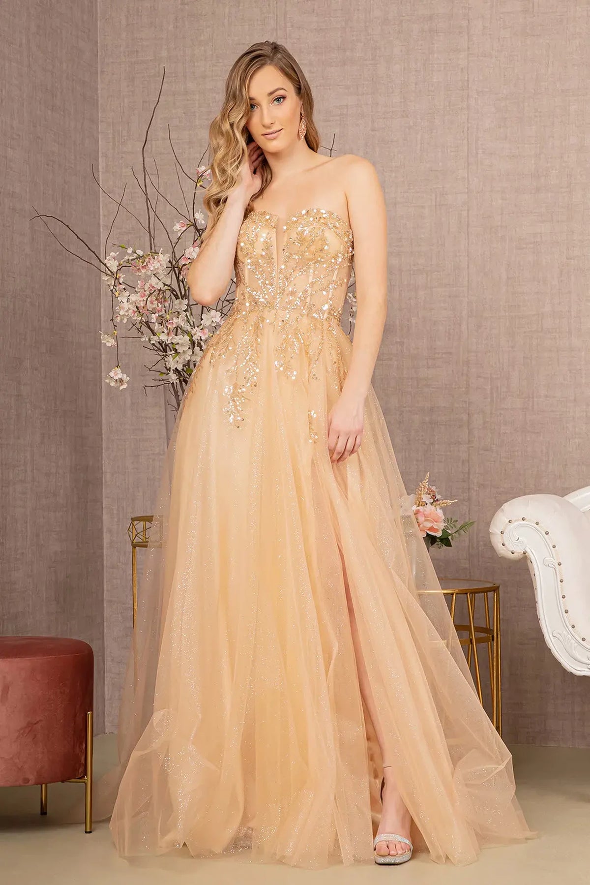 Light Gold mother of the bride dress with an embellished A-line skirt