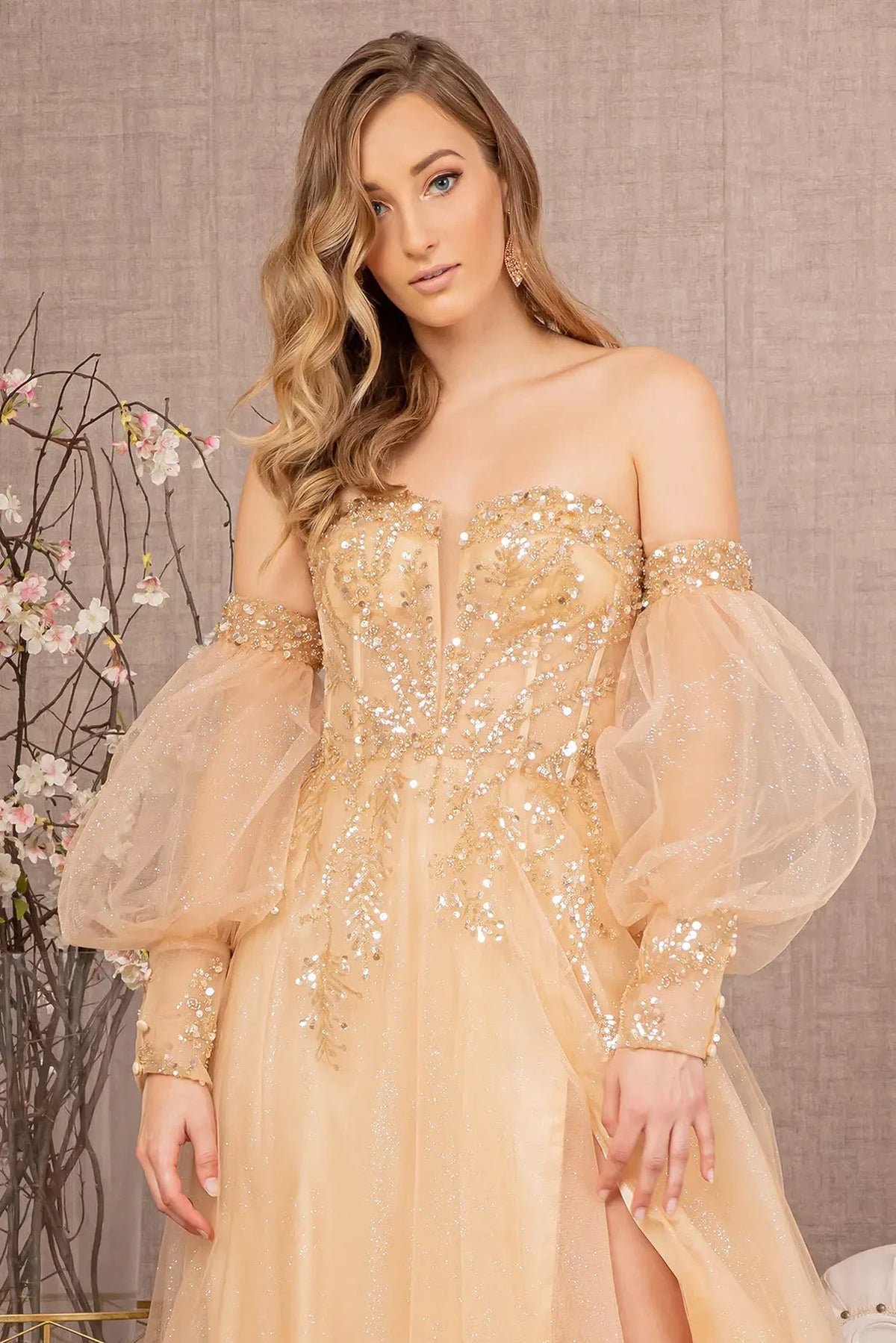 Light Gold mother of the bride dress with a beaded sweetheart bodice