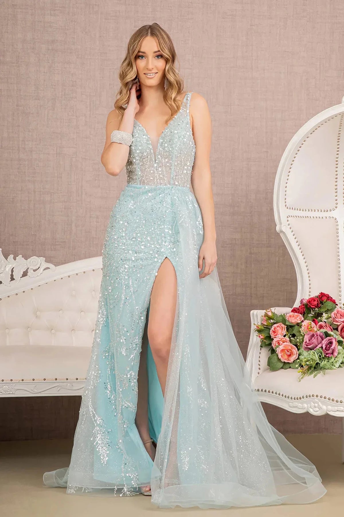 Baby Blue sequin prom evening dress full front