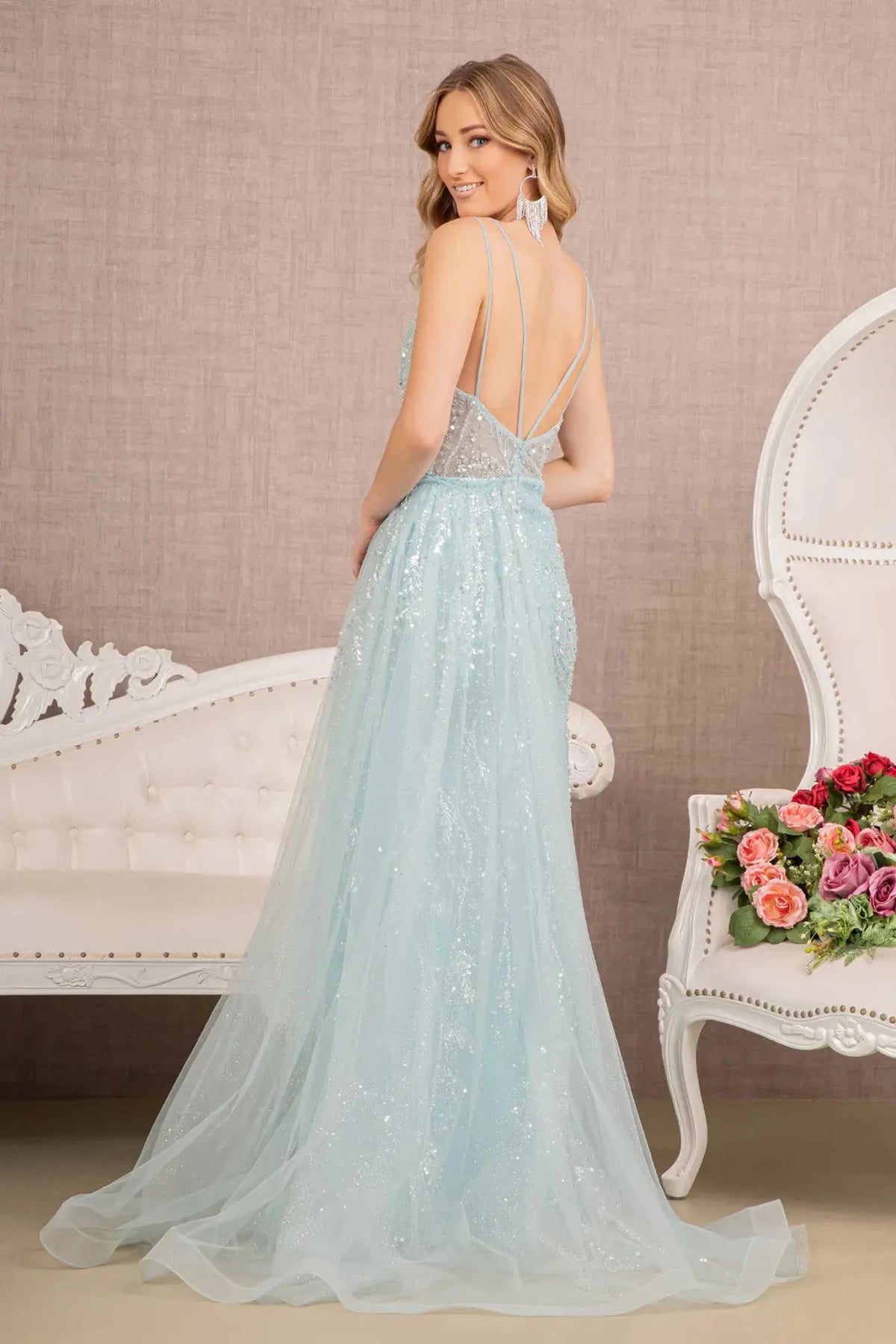 Baby Blue prom evening dress full back with open back