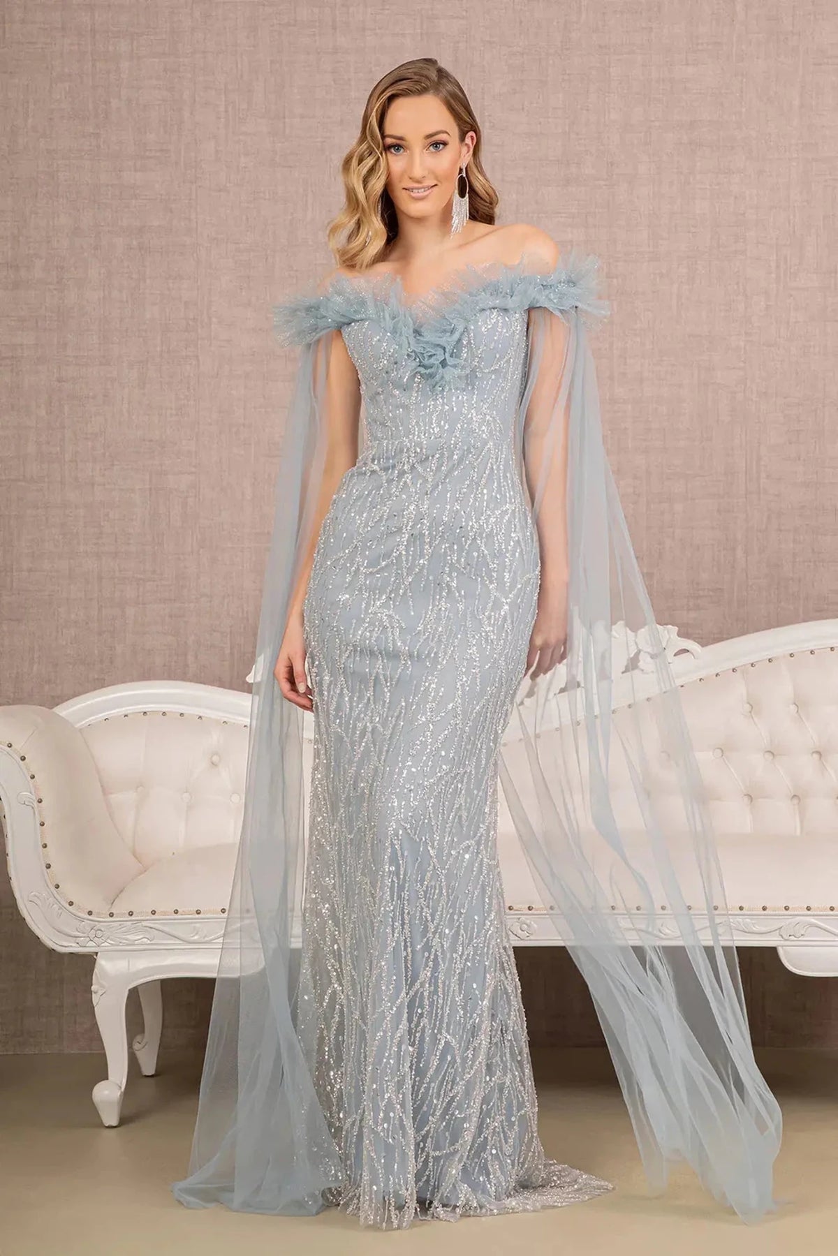 Smoky Blue mother of the bride dress with a feather-trimmed neckline and long drapes