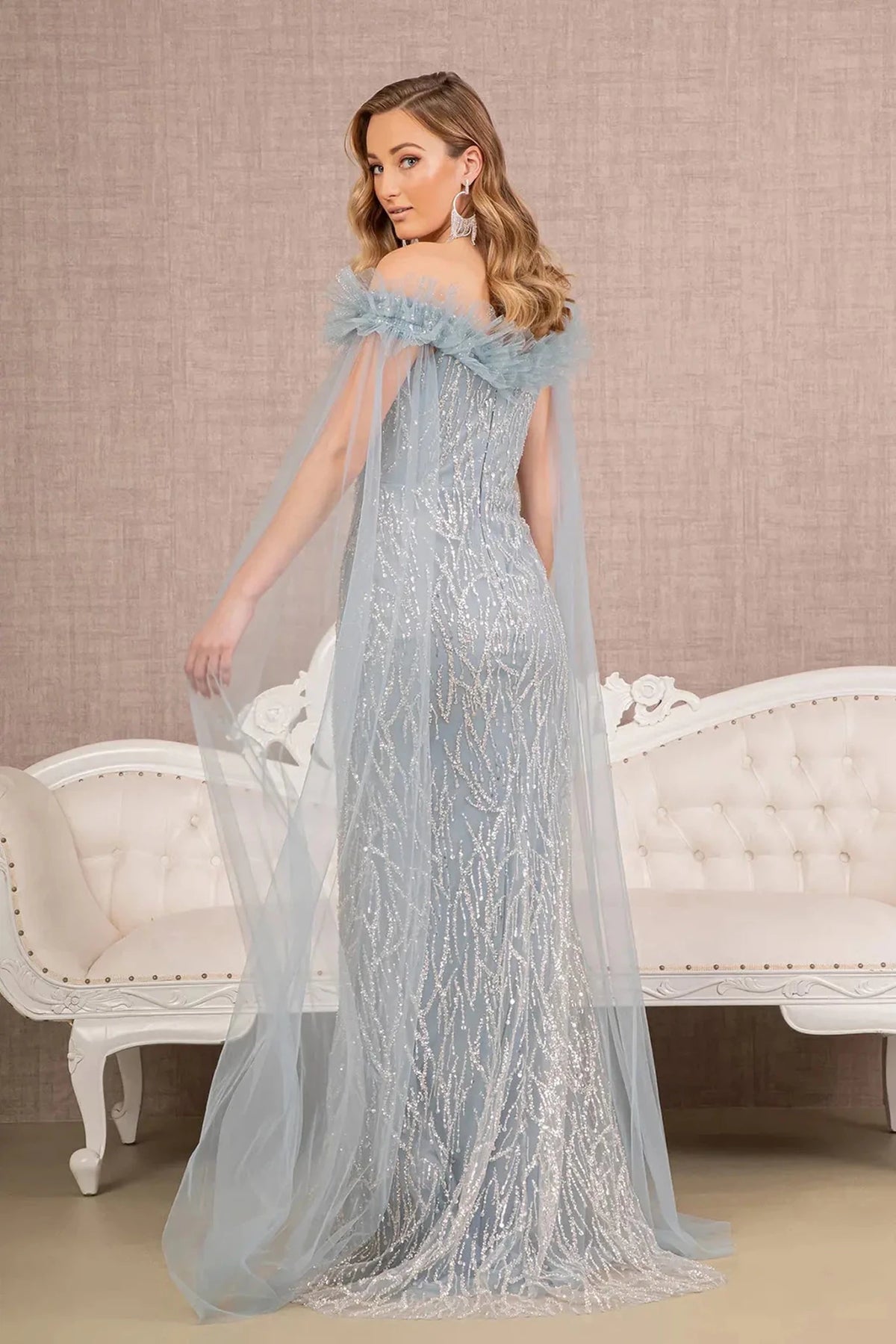 Smoky Blue mother of the bride dress with a beaded mermaid skirt and trailing cape