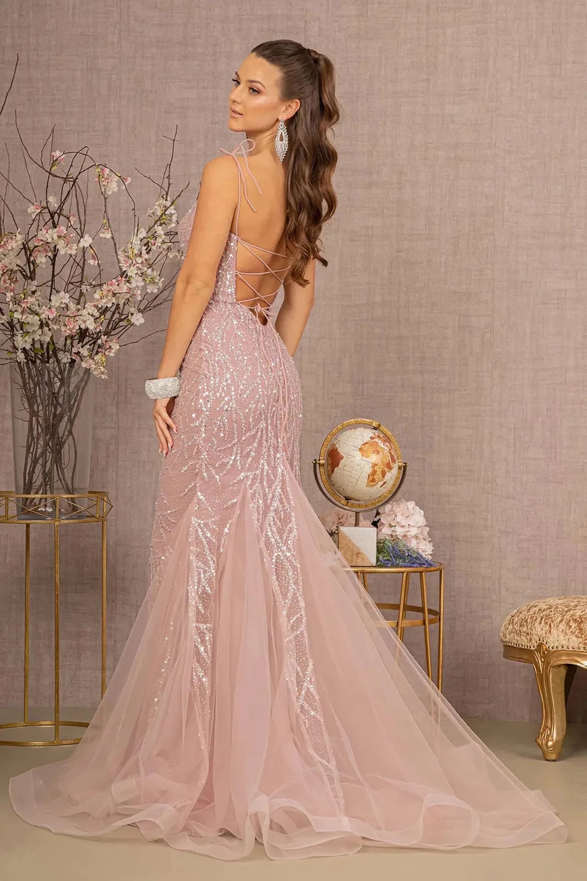 Dusty Rose prom evening dress full back with lace-up back