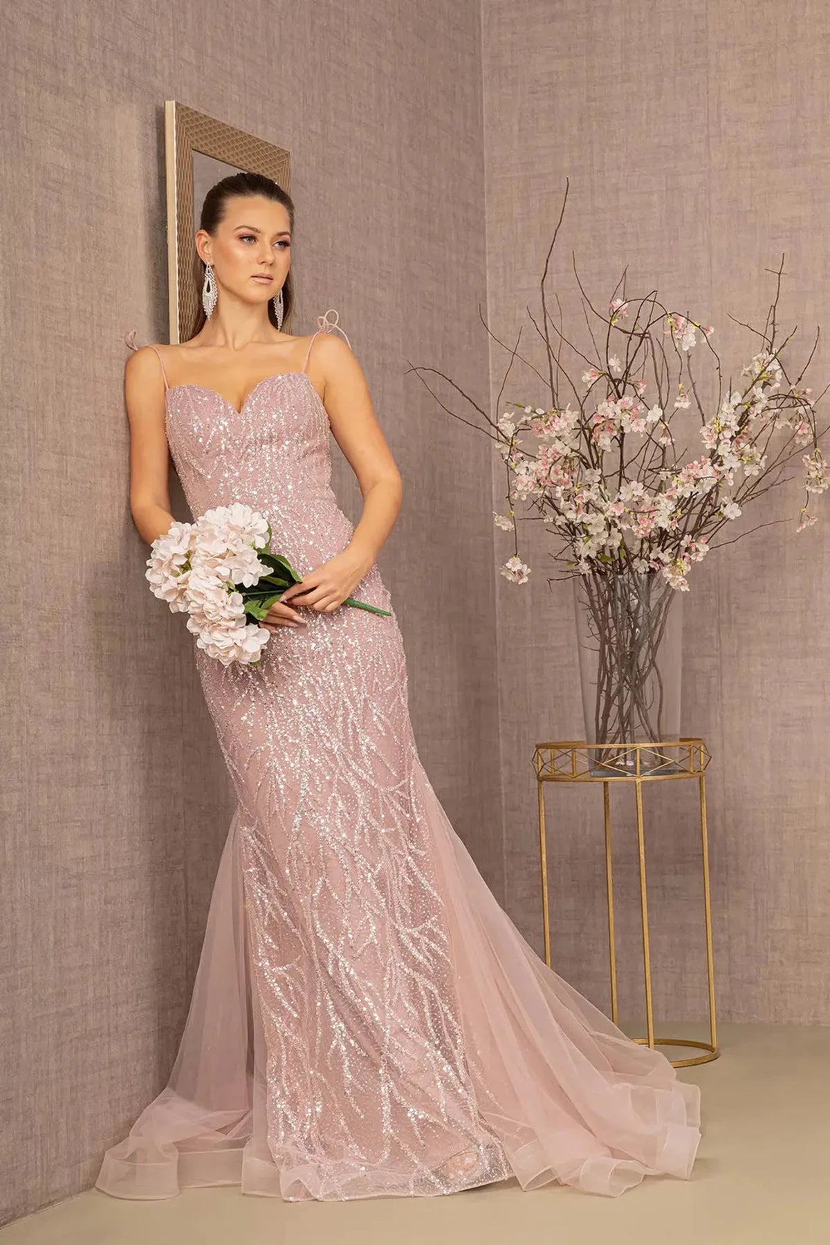 Dusty Rose sweetheart prom evening dress upper front with beads, sequin