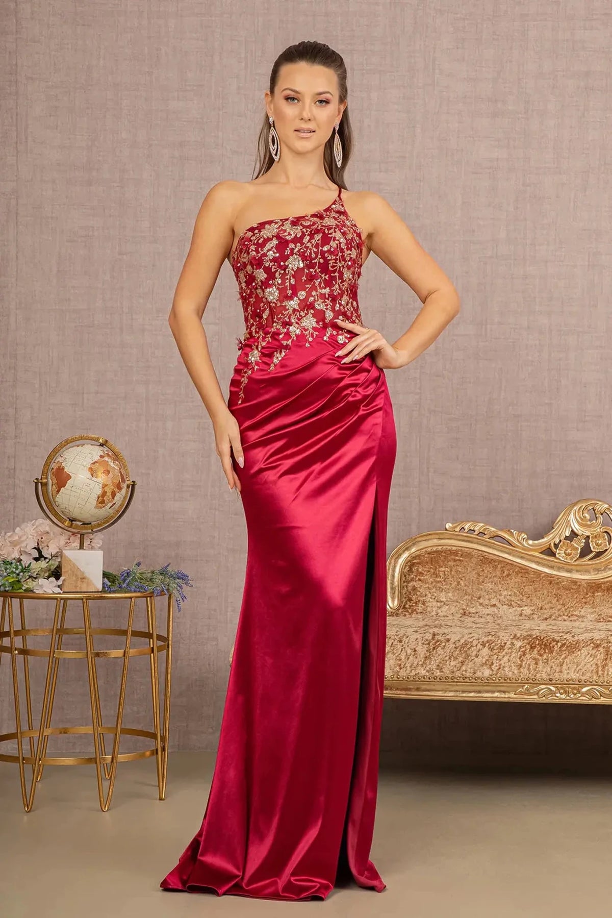 Burgundy appliqué strapless prom evening dress full front