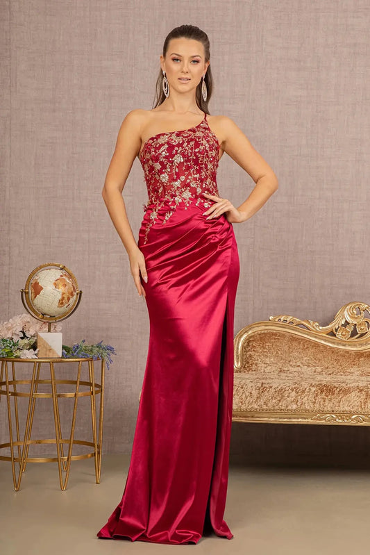 Full-length front view shows appliqué strapless styling on the Burgundy prom evening dress.