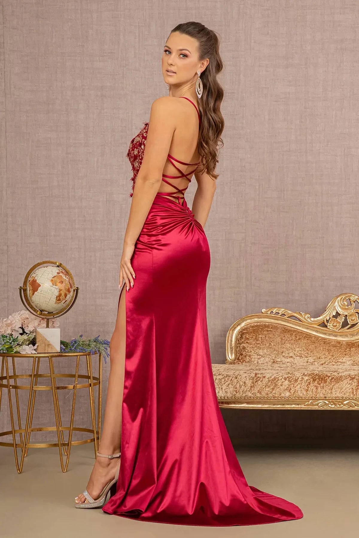 Burgundy prom evening dress full back with lace-up back